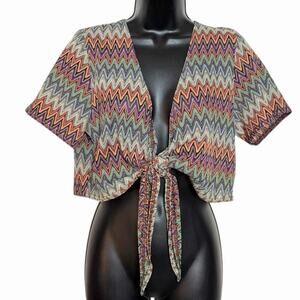VTG 90s Y2K ZIG ZAG MESH CHEVRON TIE FRONT KNIT TOP BOHO HIPPIE 14/16 BY VENEZIA